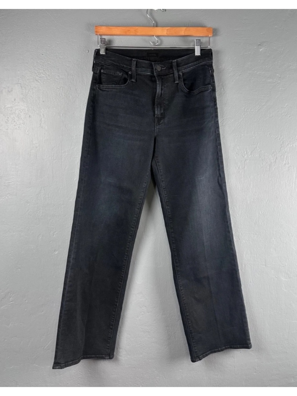 Mother Sz 27 Black Denim Mid-Rise Wide Straight Ankle Jeans